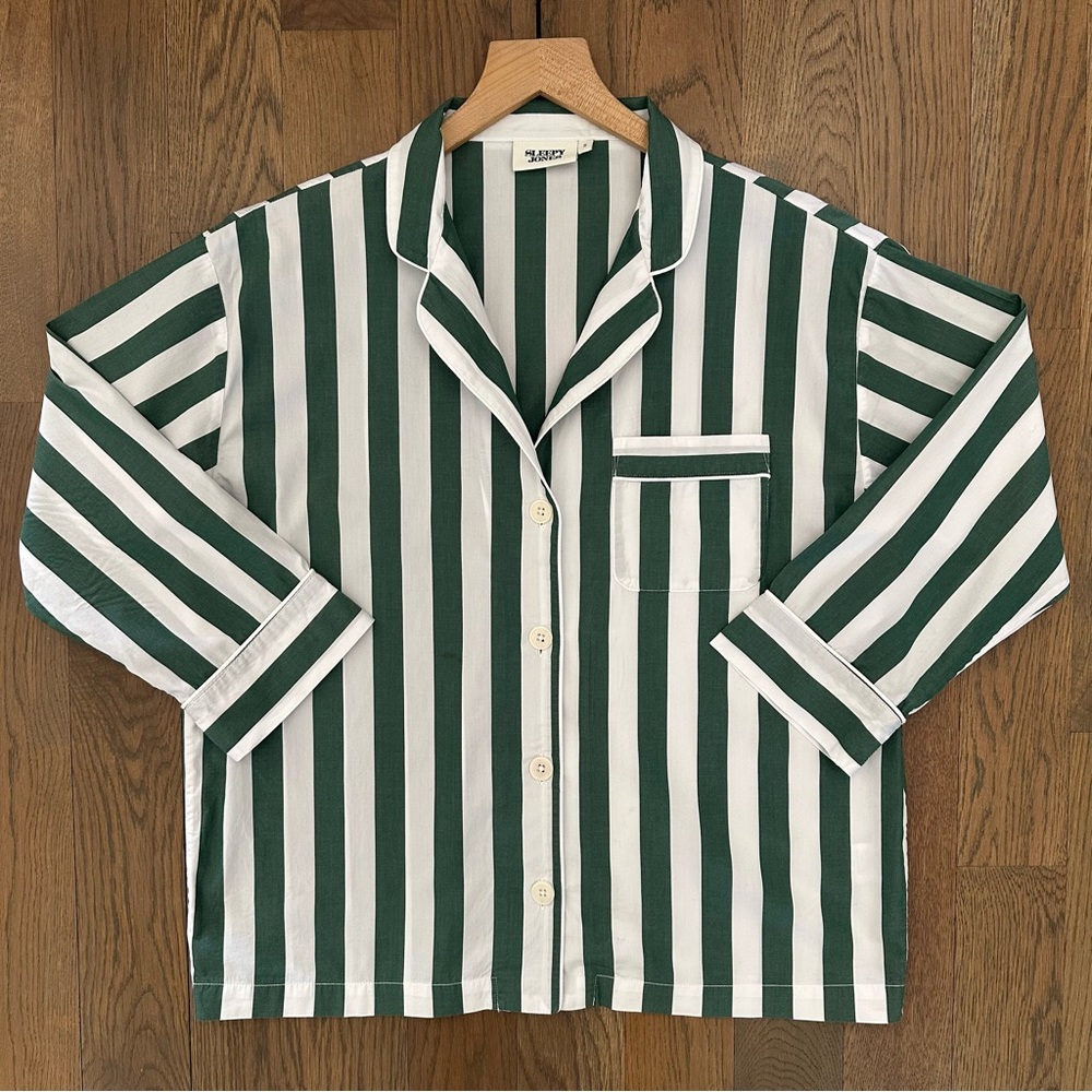 Sleepy Jones Marina Long Sleeve Pajama Set in Stripe Green and White Size Small - Picture 2 of 8